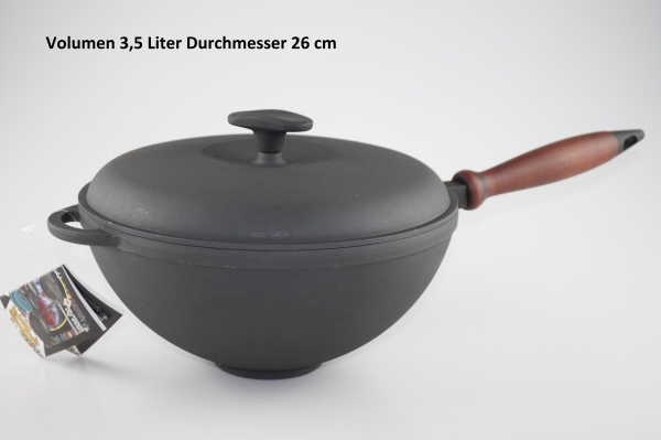 3,5 Liter WOK aus Gusseisen mit Holzgriff und Deckel Pfanne Gusswok Wokpfanne