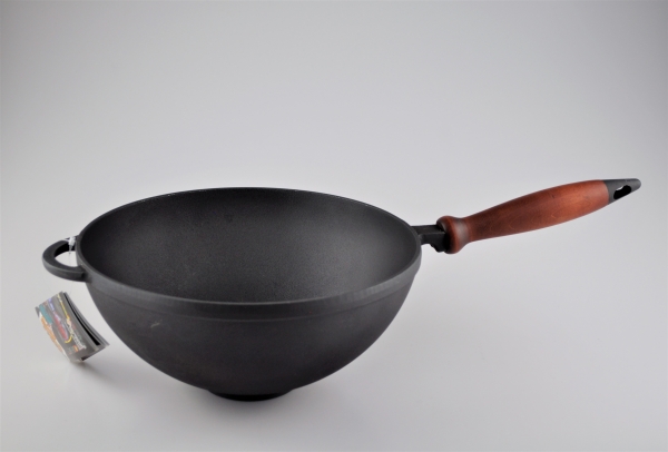 3,5 Liter WOK aus Gusseisen mit Holzgriff ohne Deckel Pfanne Gusswok Wokpfanne