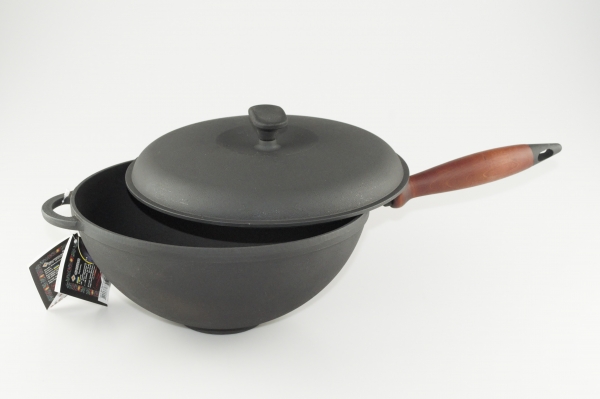 3,5 Liter WOK aus Gusseisen mit Holzgriff und Deckel Pfanne Gusswok Wokpfanne