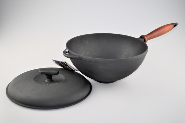 3,5 Liter WOK aus Gusseisen mit Holzgriff und Deckel Pfanne Gusswok Wokpfanne