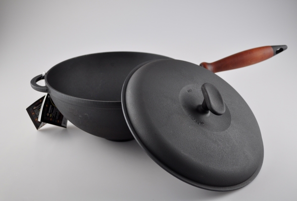 3,5 Liter WOK aus Gusseisen mit Holzgriff und Deckel Pfanne Gusswok Wokpfanne