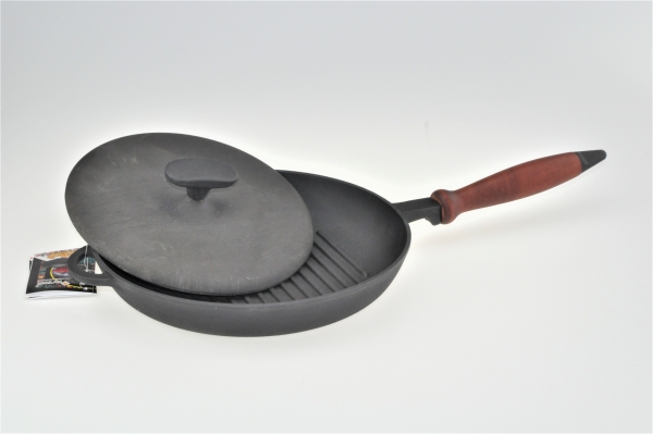26 cm Grillpfanne Bratpfanne aus Gusseisen mit Ausgießer Presse Fleischpresse